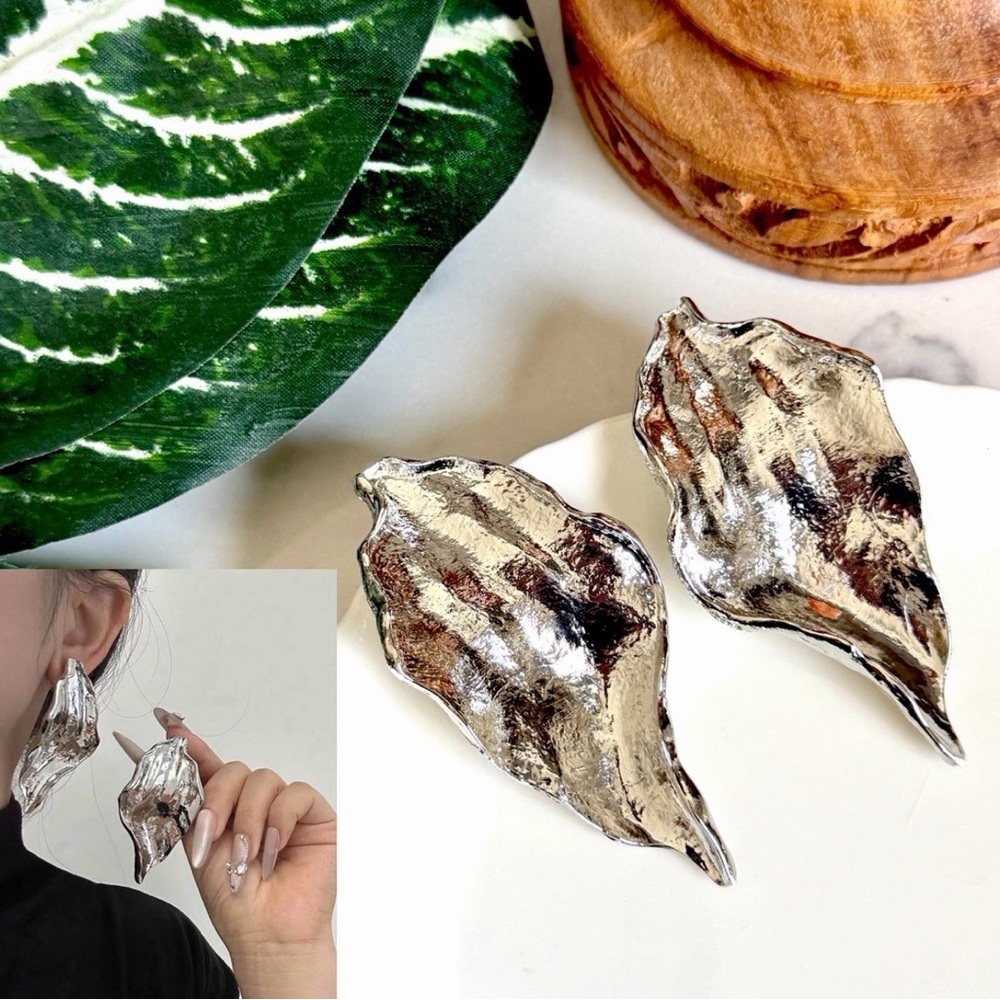 2/$30🌵 Large Silver Leaf Metal Earrings Statement Tree Nature Boho Jewelry NEW